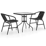 KLGBNCVE 3 Piece Black Patio Dining Set with Steel Frame, Thick Tempered Glass Tabletop, and Plastic Rattan Stackable Armchairs for Outdoor Use