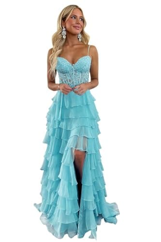 GEUOYEE Aqua Tiered Chiffon Prom Dress with Slit Lace Applique Evening Dress Spaghetti Straps Lace-Up Long Formal Gowns 2026 US04