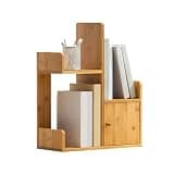 CFGH6FDF Home Staggered Minimalism Tabletop Bamboo Bookshelf Multipurpose Storage Rack with Door Freestanding Book Shelf