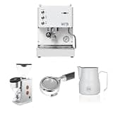 Diletta Mio Espresso Machine (White) Bundle with Faustino Espresso Grinder (Copper), 58mm Bottomless Portafilter & 12oz Frothing Pitcher (Matte White)