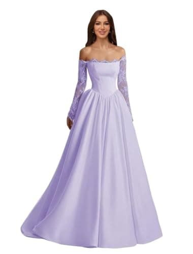 Off Shoulder Satin Lilac Lace Long Sleeve Prom Dresses Corset A-Line Ball Gowns with Pocket US16W