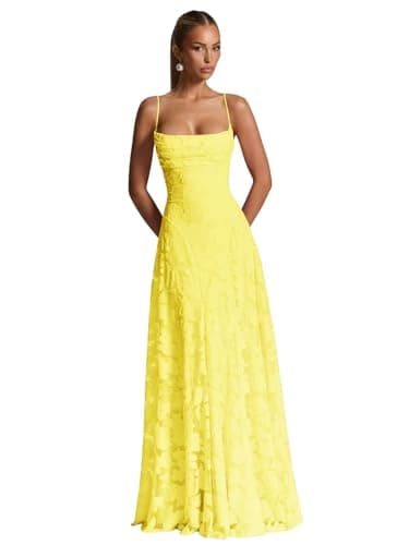 Long Cowl Neck Bridesmaid Dress Plus Size Yellow Lace Spaghetti Straps Prom Dresses Floral A Line Open Back Formal Evening Gown for Wedding US26