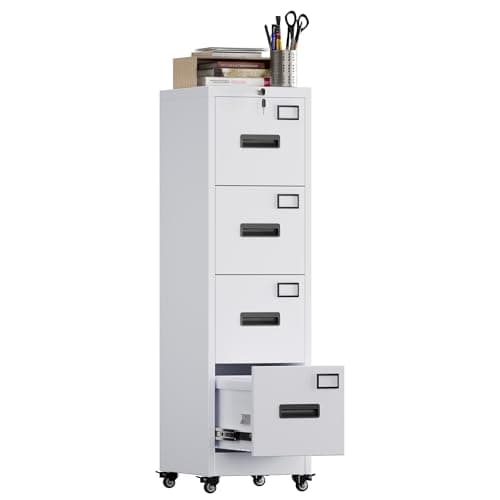 Aobabo 4 Drawer File Cabinet with Lock and Wheels, Metal Vertical Filing Cabinet with Anti-Tilt Interlock System for Home Office, Fits Letter/Legal Size, White,Required Assembly