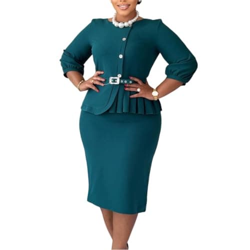 Womens Cocktail Pencil Dress Midi Ruffle Business Casual Crew Neck Long Sleeve Outfits Elegant Work Office Party