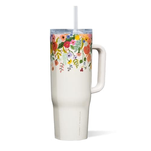 Corkcicle x Rifle Paper Co. Cruiser Insulated Tumbler with Handle & Straw - Keeps Drinks Cold 20 Hours - BPA-Free - Gift for Mom - Great for Mother's Day or Christmas - 40 oz - Garden Party Cream