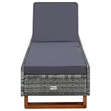 YUOGHRTFE Gray Sun Lounger with Cushion, PE Rattan Patio Sunbed with Adjustable Backrest, Powder-Coated Steel Frame and Acacia Wood Legs for Poolside or Balcony