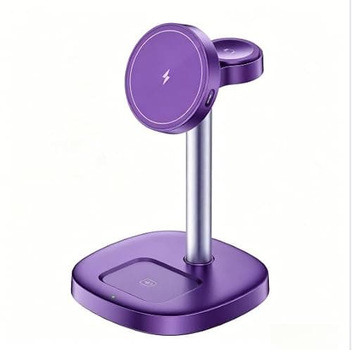 GETPALS Mag Charger iPhone Charging Station: 3 in 1 Qi2 Certified 15W Wireless Magnetic Charger Stand for Apple iPhone 17/17e/16/15/14/13/12 - iWatch for Night Stand Desk - Purple