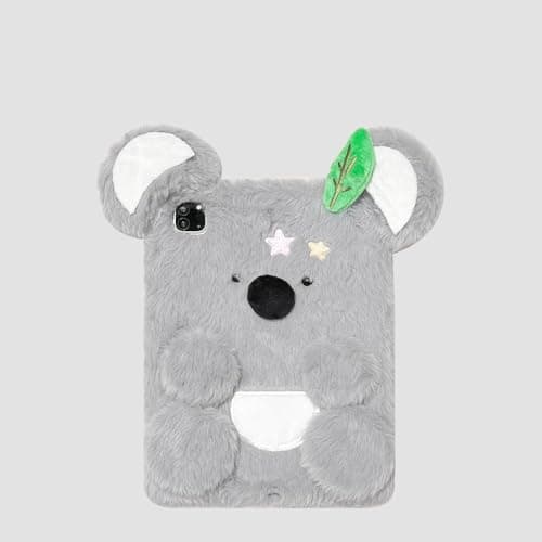 Soft Fluffy Fur Plush Back Case with Stylus Holder for Apple Koala Gray Cartoon Animal Warm Comfy Winter Cute Lovely Adorable Kids Girls (for iPad Air M3 11-Inch 7th Generation 2025)