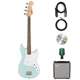 Fender Squier Sonic Bronco Bass Guitar - Daphne Blue Bundle with Rumble 15 Bass Amplifier, Instrument Cable, Tuner, Strap, and Austin Bazaar Instructional DVD