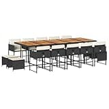Kaorsrow 15 Piece Patio Dining Set with Cushions, Black PE Rattan Outdoor Furniture Set with Large Acacia Wood Top Table, 10 High-Back Chairs and 4 Stools for Backyard Garden and Deck
