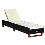 KHNLGFR Outdoor Poly Rattan Sunbed with Cushion, Adjustable Backrest Recliner, Powder-Coated Steel Frame, Solid Acacia Wood Legs, Black