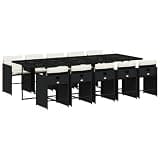 mtlskopl 11 Piece Patio Dining Set, Black Poly Rattan Outdoor Furniture Set with Tempered Glass Table, 10 Cube Chairs and Cream White Cushions for Garden, Backyard and Poolside