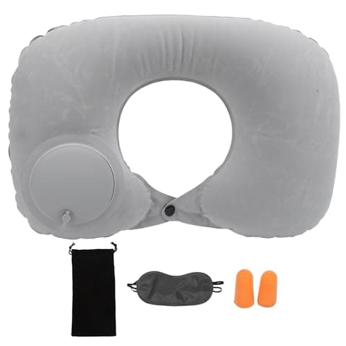 Zohisin U Shaped Inflatable Travel Pillow Press to Inflate No Mouth Blowing Cervical Neck Support Rest Cushion with Elastic Phone Pocket Soft Flocking PVC for Airplane Car Office Home (B (Gray))