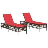 KMUNGDWG 2 Pcs Sun Loungers with Table, Brown Poly Rattan Adjustable Backrest Outdoor Lounge Set, Thick Padded Cushions with Removable Washable Cover, Powder-Coated Steel Frame