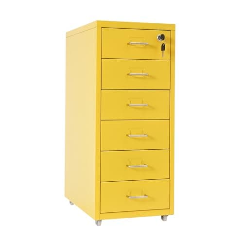 SpaceBovae Vertical File Cabinet, Lockable Storage Cabinet, Multi-Tier Home Office Organizer, Metal Freestanding Drawer with Curved Handle, Smooth Edges, 6-Tier, 28x41x69cm (Yellow)