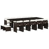 XHNIFBN 15 Piece Patio Dining Set with Cushions, Brown PE Rattan Outdoor Dining Furniture for Garden and Backyard, Space-Saving Cube Set with 10 Chairs 4 Stools and Glass Table