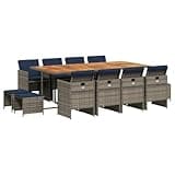 Kaorsrow 13 Piece Garden Dining Set with Acacia Wood Table, 8 Grey Poly Rattan Chairs and 4 Stools, Space Saving Outdoor Furniture Set with Navy Blue Cushions for Patio