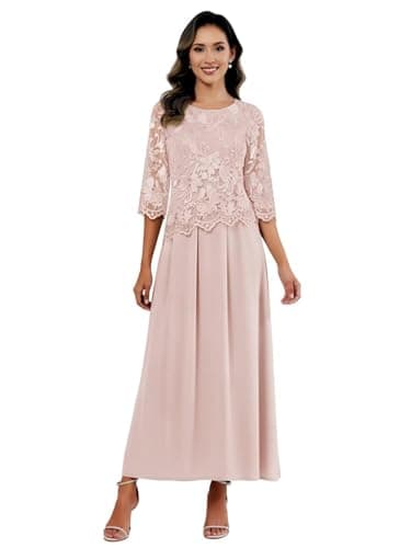 Lace Applique Mother of The Bride Dresses A-Line Long Chiffon 3/4 Sleeve Wedding Guest Gowns Blush Pink US 4