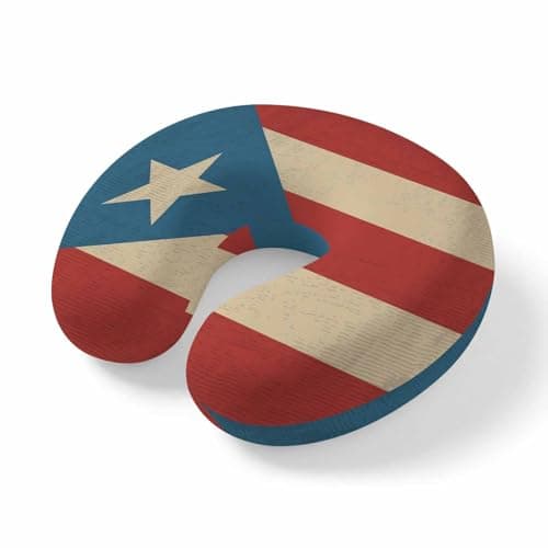 4th of July Travel Pillows U Shape Memory Foam Puerto Rico Flag Plane Neck Pillows Head Support Comfort Patriotic Retro Wood Grain Headrest Neck Pillow for Airplane Car Office Home Chair Sleeping