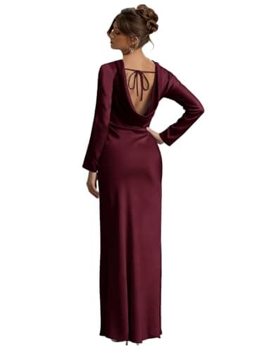 Fivsole Burgundy Satin Long Bridesmaid Dresses with Long Sleeve Cowl Back Wedding Guest Dress Backless Floor Length Formal Evening Gown US00
