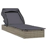 YUOGHRTFE Patio Sunbed with Foldable Roof, 83.9x24.8x38.2 Inch Adjustable Sun Lounger, Gray PE Rattan and Steel Frame for Poolside Balcony Camping