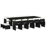 WRJENFSC 15 Piece Garden Dining Set, Black Poly Rattan Outdoor Furniture with Tempered Glass Table, 10 Chairs and 4 Stools, Cream Cushions for Patio and Backyard