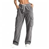 Xiaojmake Women's Corduroy Cargo Pants Soft Comfy Plain Jogger Sweatpants with Pocket Casual Elastic Waist Straight Trousers Gray