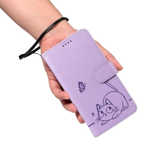 ZXL Wallet Case forSamsungGalaxy J7 Prime PU Leather Flip Protective Phone Cover Wrist Strap Card Slots Holder Pocket Emboss Butterfly Cat Stand Case Women Purple