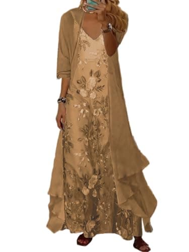 Belamoda Womens Camel Two Piece Maxi Dress Set Adjustable Spaghetti Strap Floral Dress Chiffon Cardigan Wedding Guest Dress