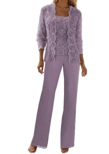 HGXUE Wisteria Grandmother of The Bride Pant Suits for Women Spring Wedding Lace Chiffon Long Sleeve Chiffon 3 Piece Pant Suits US8