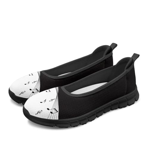 Binienty Black White Music Notes Print Sneakers for Women Fashion Women's Low-Cut Travel Shoes Casual Slip on Walking Flats Shoes Breathable Mesh Loafers Athletic Footwear, US 10.5