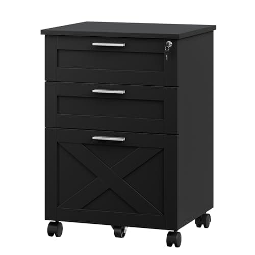 FinerFurnis Secure 3-Drawer Wood File Cabinet with Lock, Mobile Under Desk Filing Cabinet, Rolling Printer Stand for Letter/Legal/A4, Black