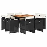 Kaorsrow 9-Piece Outdoor Dining Set, 8-Person Rectangular Garden Table with Foldable Chairs and Cream Cushions, Black Poly Rattan and Acacia Wood Furniture for Patio