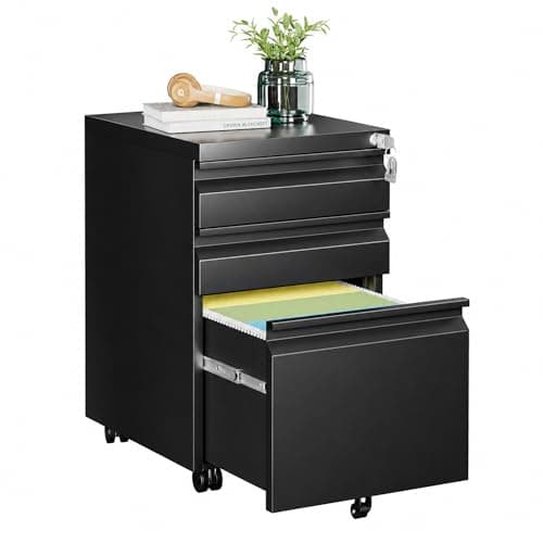 Tivostaral 3 Drawer Mobile File Cabinet with Lock, Fully Assembled Except Casters, Under Desk Metal Filing Cabinet for Home Office Organization, Fits Letter/Legal/A4