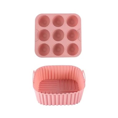 2-piece square silicone air fryer inner liner, reusable silicone air fryer inner liner, food safety air fryer accessories, bakin(Pink)