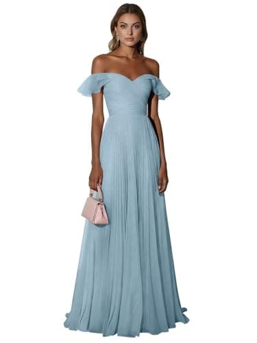 RYANTH Plus Size Light Blue Chiffon Off Shoulder Bridesmaid Dresses Long Ruffles Sleeve Formal Dress for Women Pleated Evening Gowns 22W