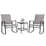 Shintenchi 3 Piece Rocking Bistro Set, Outdoor Furniture with Rocker Chairs and Glass Coffee Table Balcony, Porch Furniture for Small Space, Gray