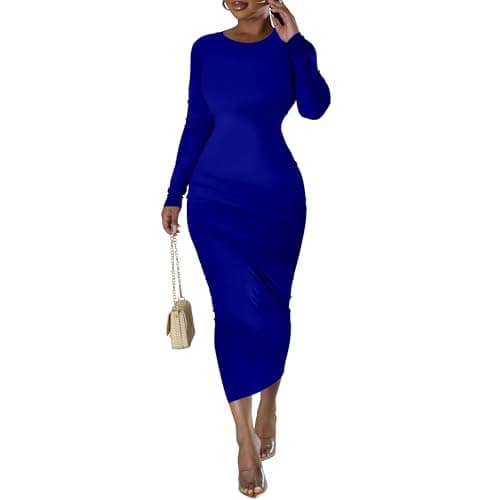 Yiresxc Fall Elegant Long Sleeve Crew Neck Maxi Dress for Women Bodycon Wrap Long Fitted Pencil Basic Dresses Trendy Solid Color Work Office Club Party Outfits XL