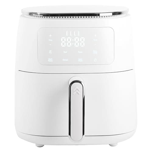 ELLE 5L Digital Air Fryer with Smart Touch Display Roast Bake Reheat Multiple Cooking Functions Dishwasher Safe Crisping Rack 1500W White