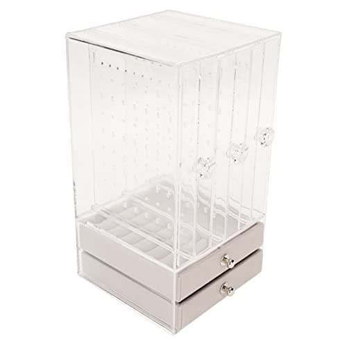 Qinlorgo Acrylic Earring Holder, Transparent Acrylic + Acrylic Holder with 5 Drawers, Drawers Acrylic Earring Holder for Storing Earrings, Necklaces, Rings