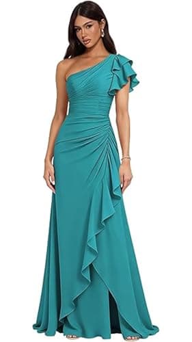 BRANCY ART One Shoulder Aqua Blue Bridesmaid Dress Bell Sleeves Chiffon Pleated Formal Mother of Bride Dresses Plus Size for Women Mermaid Party Dress Backless 26