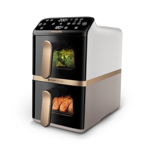 Philips Airfryer 4000 Series Stacked Dual Basket, Stacked Hot Air Fryer with 2 Baskets, 10L, RapidAir Technology, 45% Less Space, PFAS-free Ceramic Coating, Viewing Window (NA462/80)