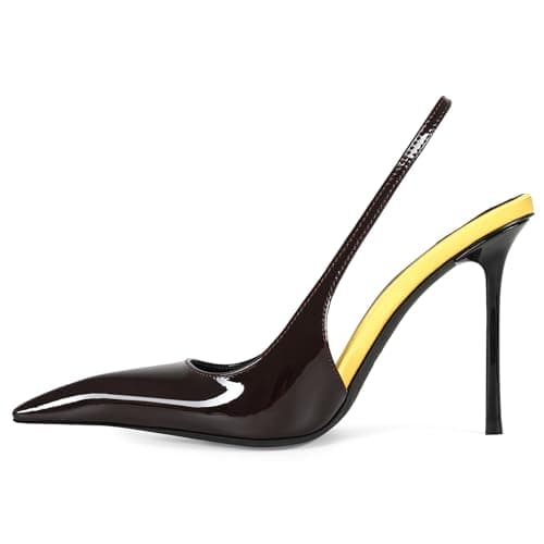 Aorikro Slingback Heels for Women Pointed Close Toe Two Tone Stiletto High Heels Backless Patent Leather Elastic Strap Heeled Sandals Dress Pumps Coffee