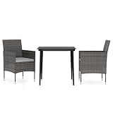 TUERYAFEK 3 Piece Patio Dining Set with Cushions, Gray and Black Outdoor Dining Set with PE Rattan Chairs and Glass Table