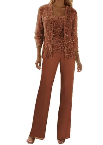 Square Neck Mother of The Bride Pant Suits with Jacket Chiffon Sequin Lace Burnt Orange 3 Piece Pantsuits for Women Dressy Size 2