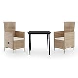 YUOGHRTFE 3 Piece Beige Patio Dining Set with Glass Tabletop, PE Rattan Chairs with Cushions and Powder-Coated Steel Frames for Outdoor Use