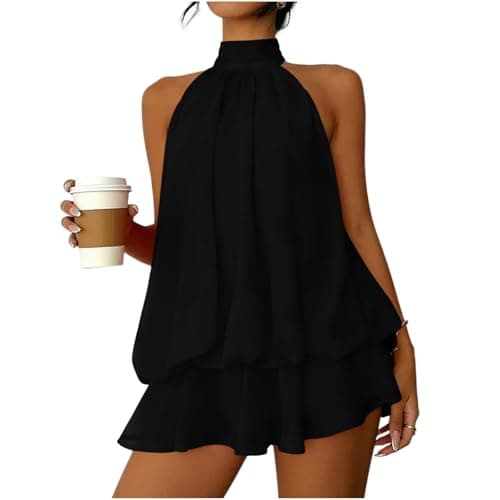 Party Dress for Women Halter Tie Backless Chiffon Mini Dress Sleeveless Going Out Dresses Ruffle Brunch Outfits Black