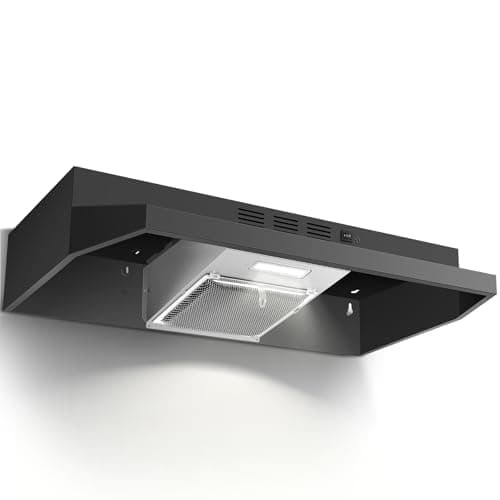 Zomagas 24 inch Range Hood Under Cabinet, Black Kitchen Hood 280CFM, Ducted/Ductless Vent Hood with Rocker Button Control, Stove Hood with 2 Speeds Fan, Bright LED Light
