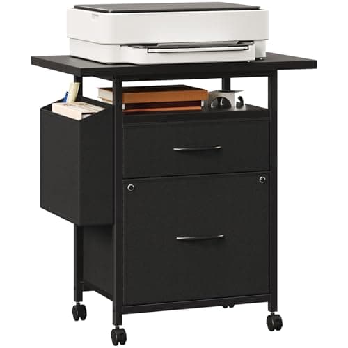 DUMOS Mobile File Cabinet with 2 Fabric Drawers, Rolling Filing Cabinet for A4/Letter Size Files, Printer Stand with Open Shelf & Side Storage Bag, Under Desk Office Storage Cabinet with Wheels, Black