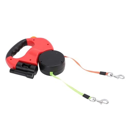 Qinlorgo Dual Retractable Dog Leash, Double Head with Night Light Safety Lock for Walking Two Small Medium Dogs, Multi Pet Family Nylon Leash (Red)